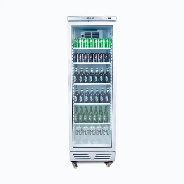 Bromic GM0374-NR Upright Display Fridge, 372L, 1 Door, Flat Glass, White with Silver Trim