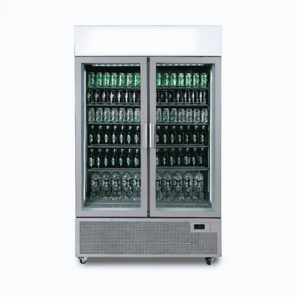 Bromic GM1100LS-NR Upright Display Fridge, 1082L, 2 Door, Flat Glass, Lightbox, Silver