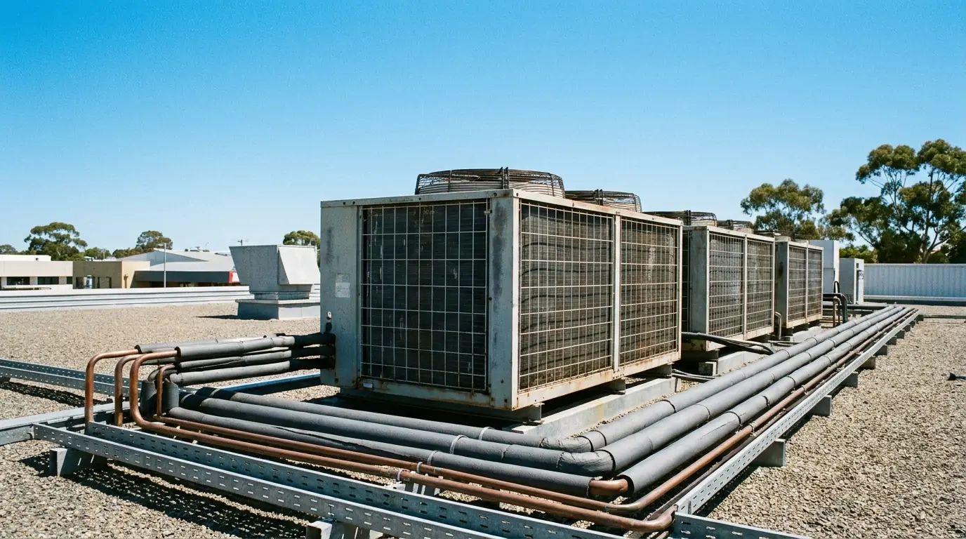 Row of commercial condensing units with insulated pipework on a flat roof