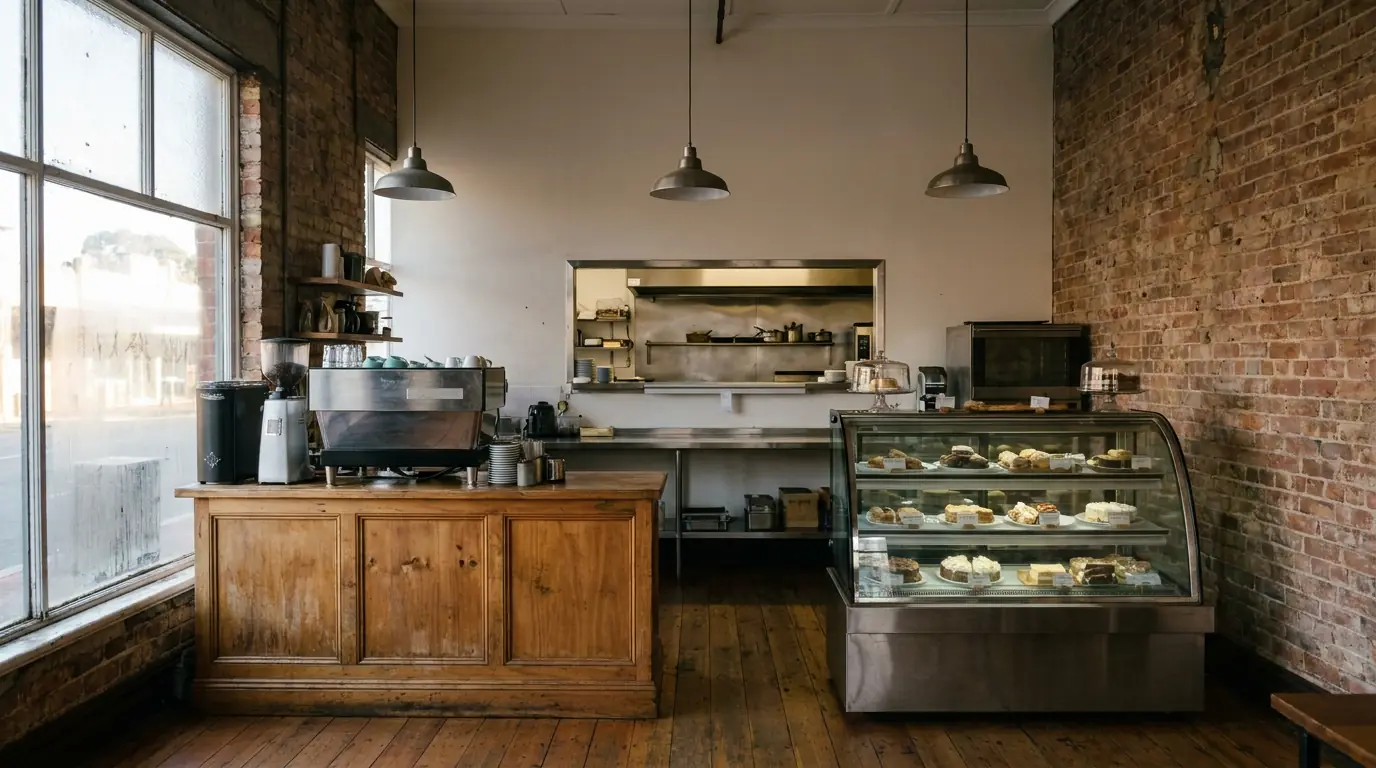 A cafe counter with an espresso machine and a curved glass cake display fridge