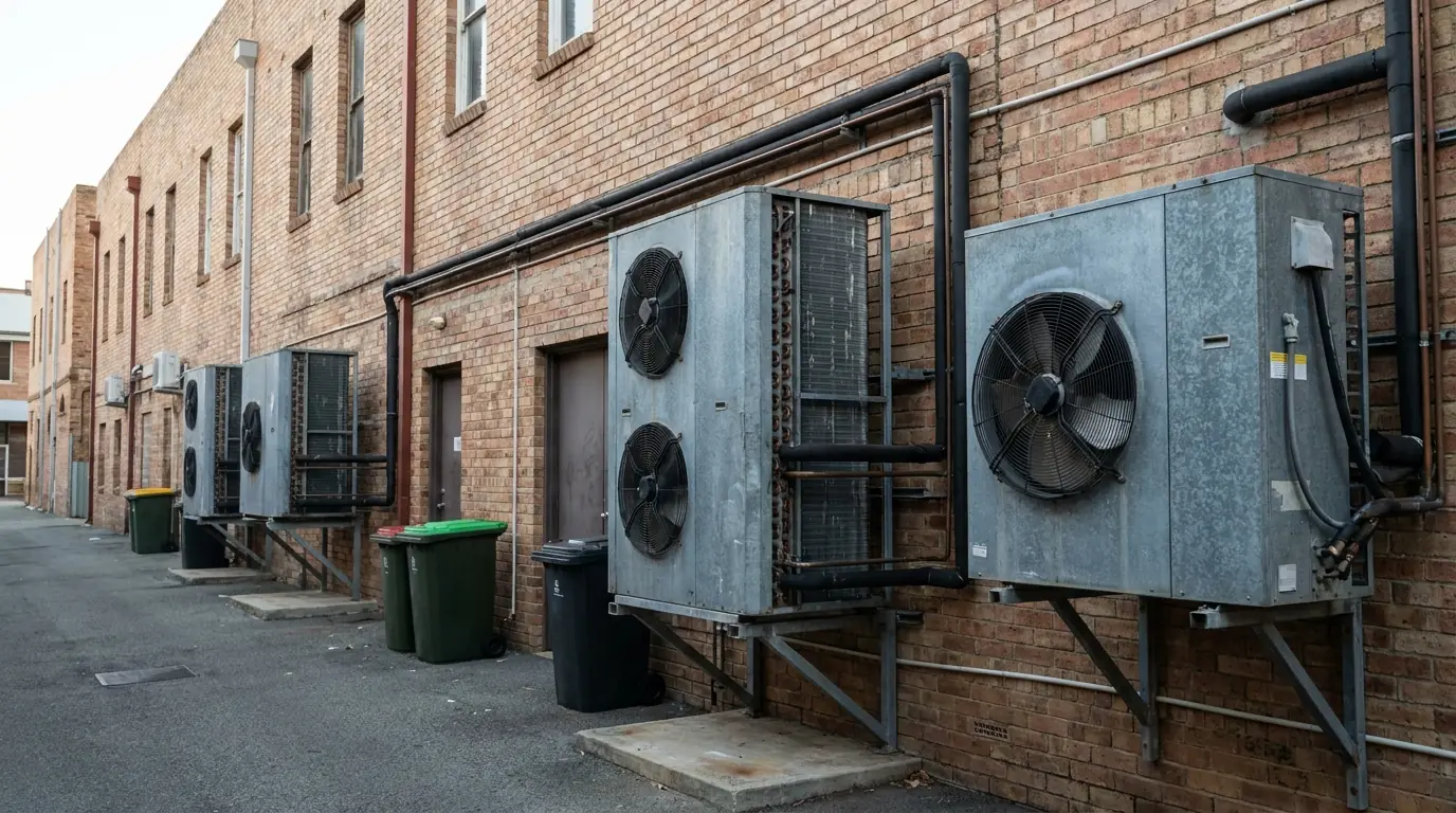 Refrigeration condensing units on brackets along a brick laneway behind shopfront cafes