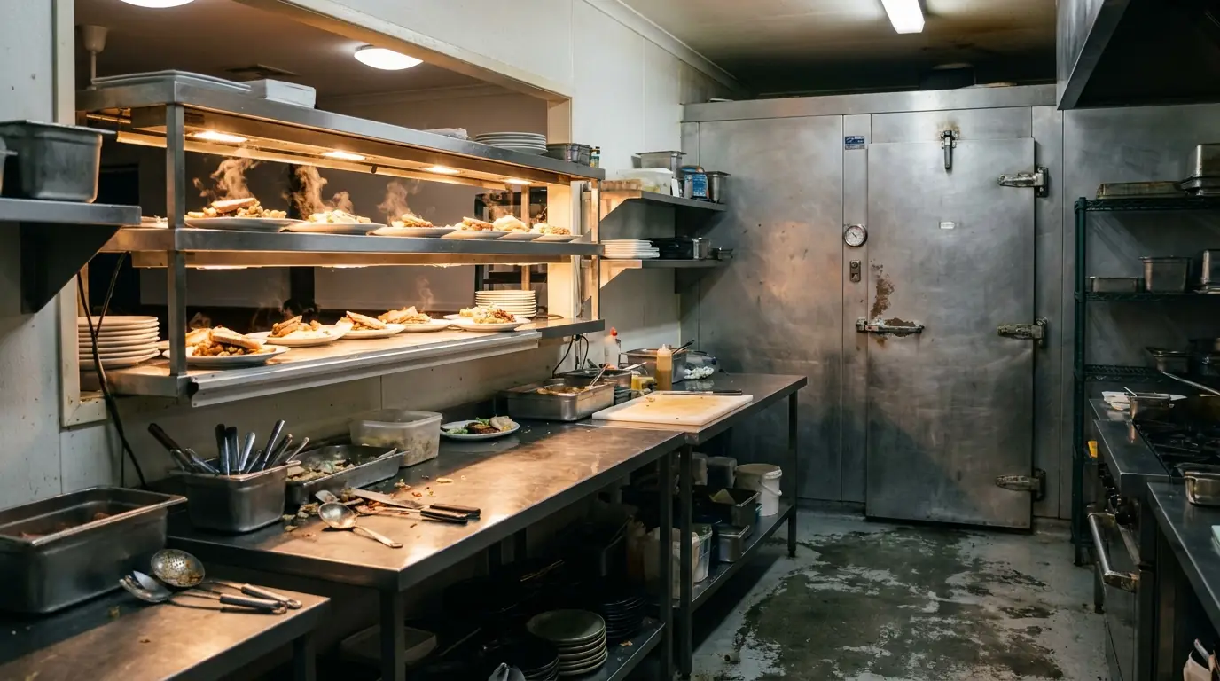 A restaurant kitchen pass with plated meals under heat lamps beside a stainless walk-in cool room door