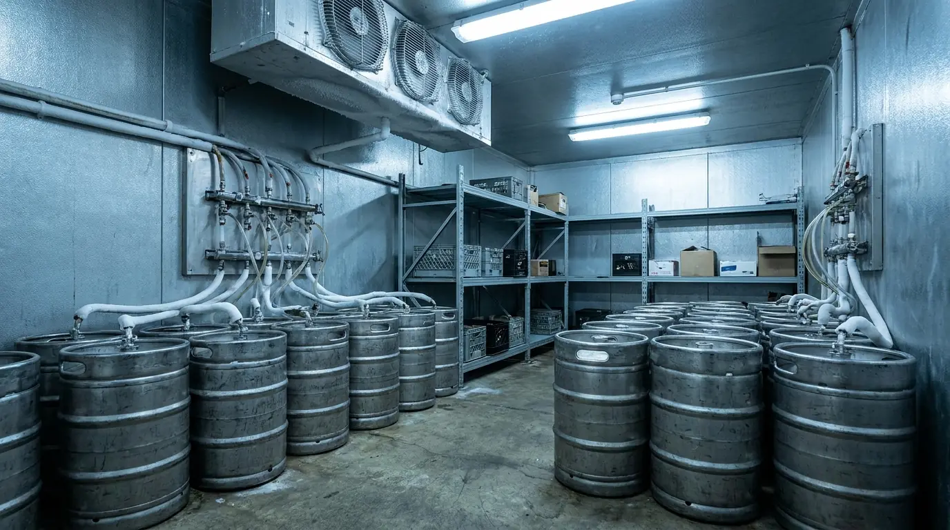A bar keg cool room with rows of steel kegs connected to beer lines