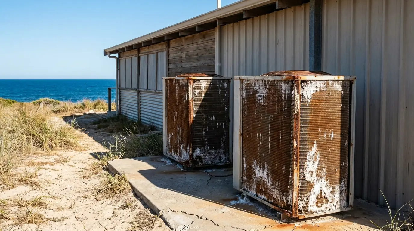Condensing units heavily corroded by salt air beside a beachfront building