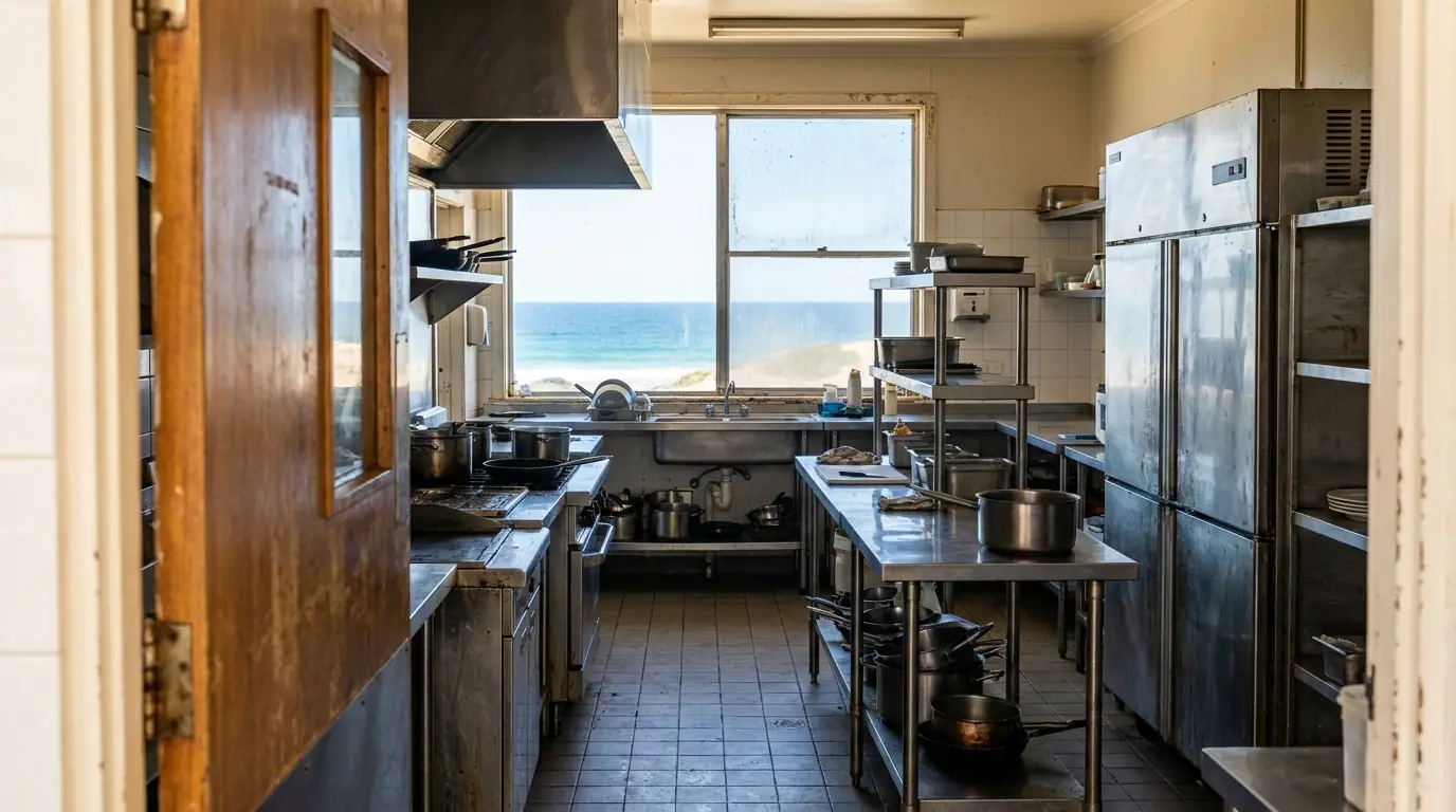 A commercial kitchen with upright stainless fridges and a window looking out to the ocean