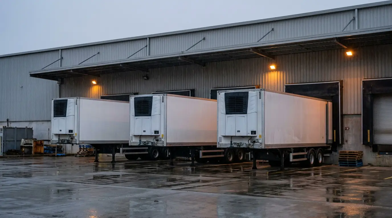 Refrigerated semi trailers backed onto the loading docks of a freight depot at dusk