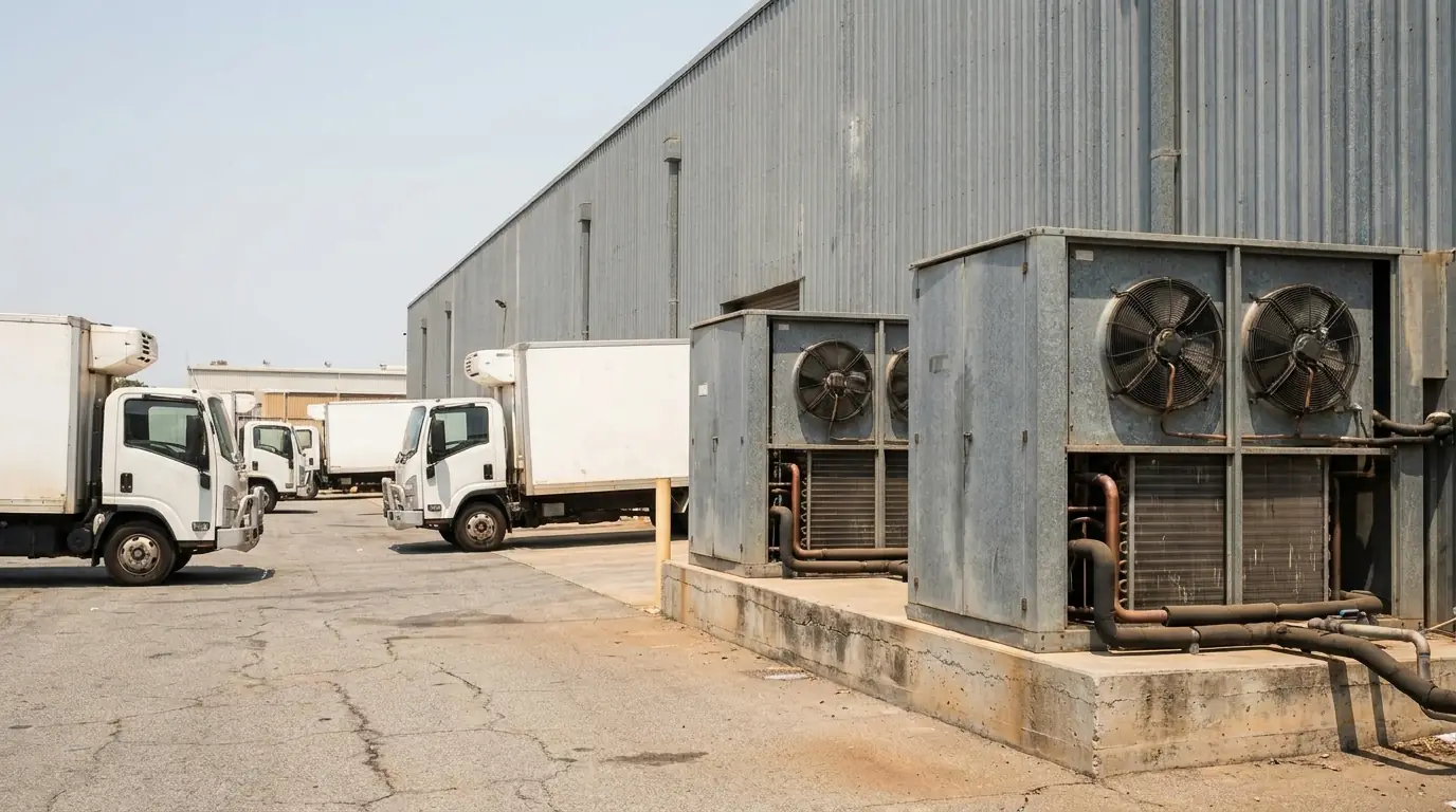 Refrigerated trucks parked beside a warehouse with large condensing units on a concrete plinth