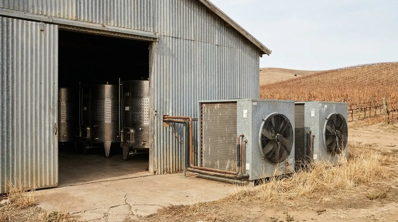 A winery shed with stainless wine tanks inside and two condensing units beside the vines