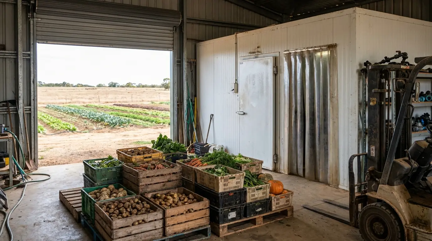 Crates of fresh vegetables in a farm shed in front of a walk-in cool room