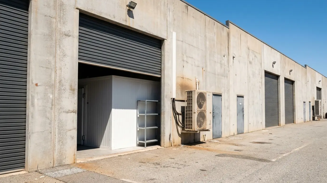 A row of light industrial units with a cool room inside an open roller door and a condensing unit on the wall
