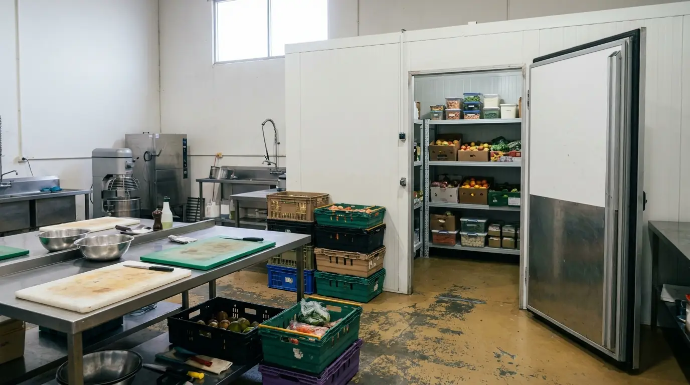 A small food production unit with stainless benches, produce crates and an open walk-in cool room