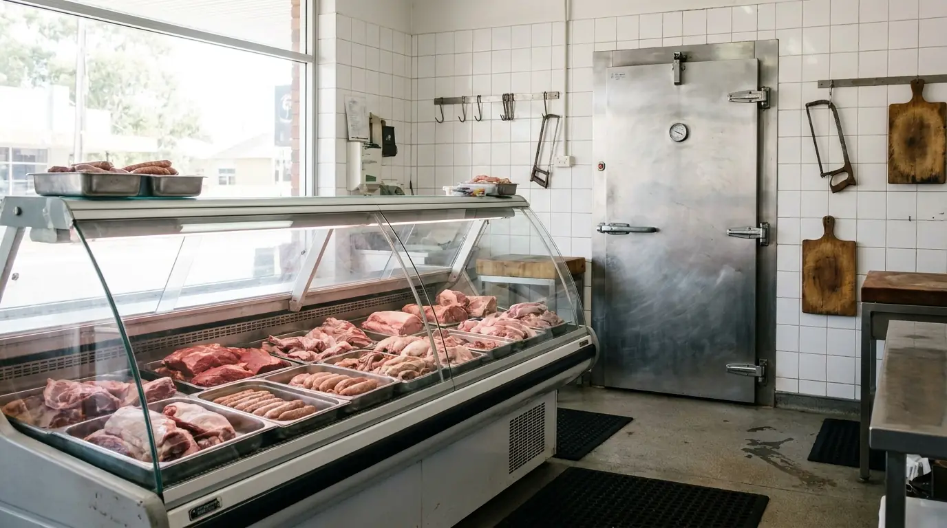 A butcher shop display counter full of meat with a walk-in cool room door behind