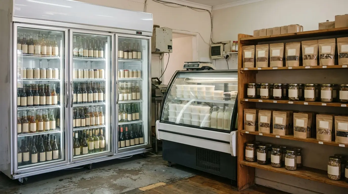 A deli with glass door drinks fridges, a dairy display fridge and shelves of dry goods