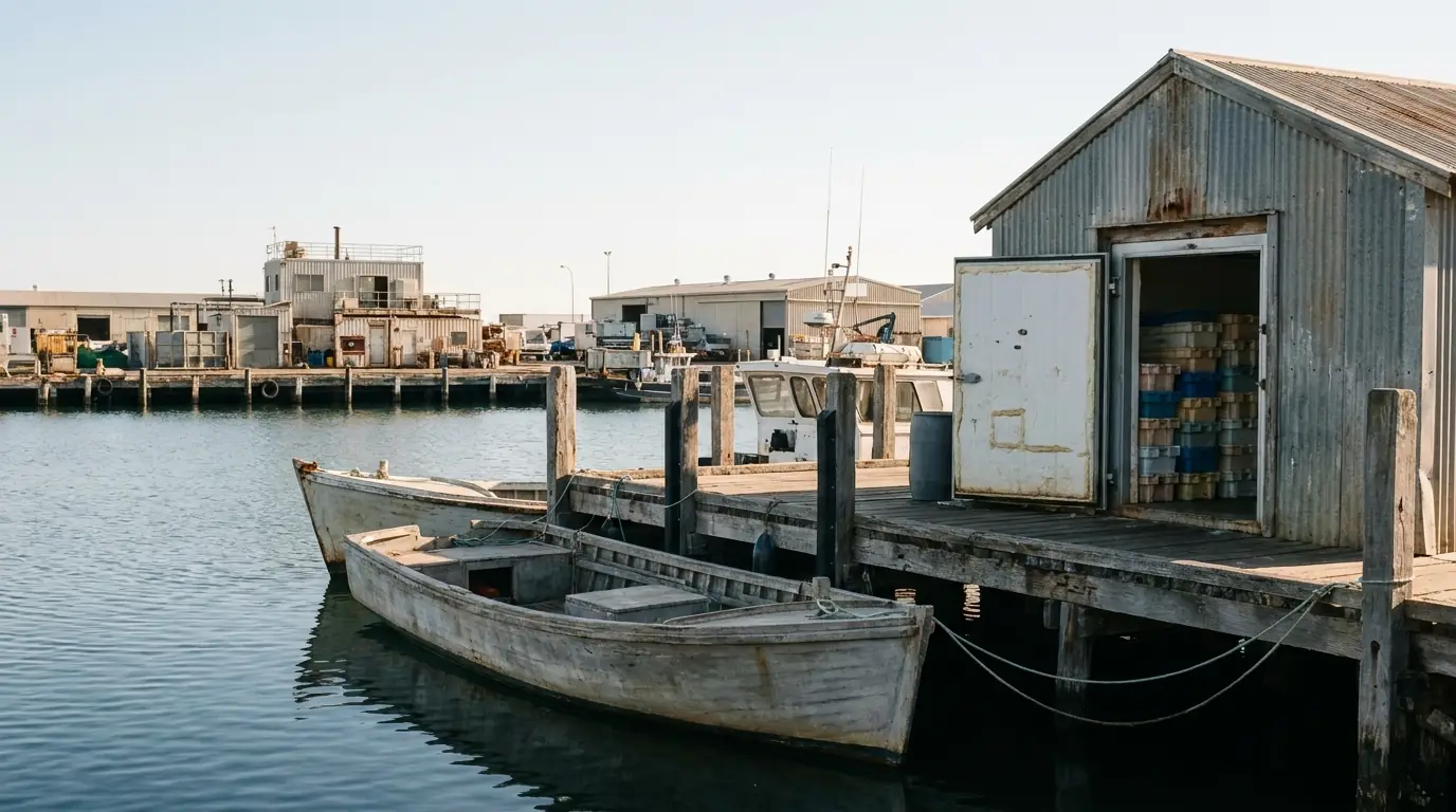 A timber jetty with moored boats beside a seafood shed with an open cool room door
