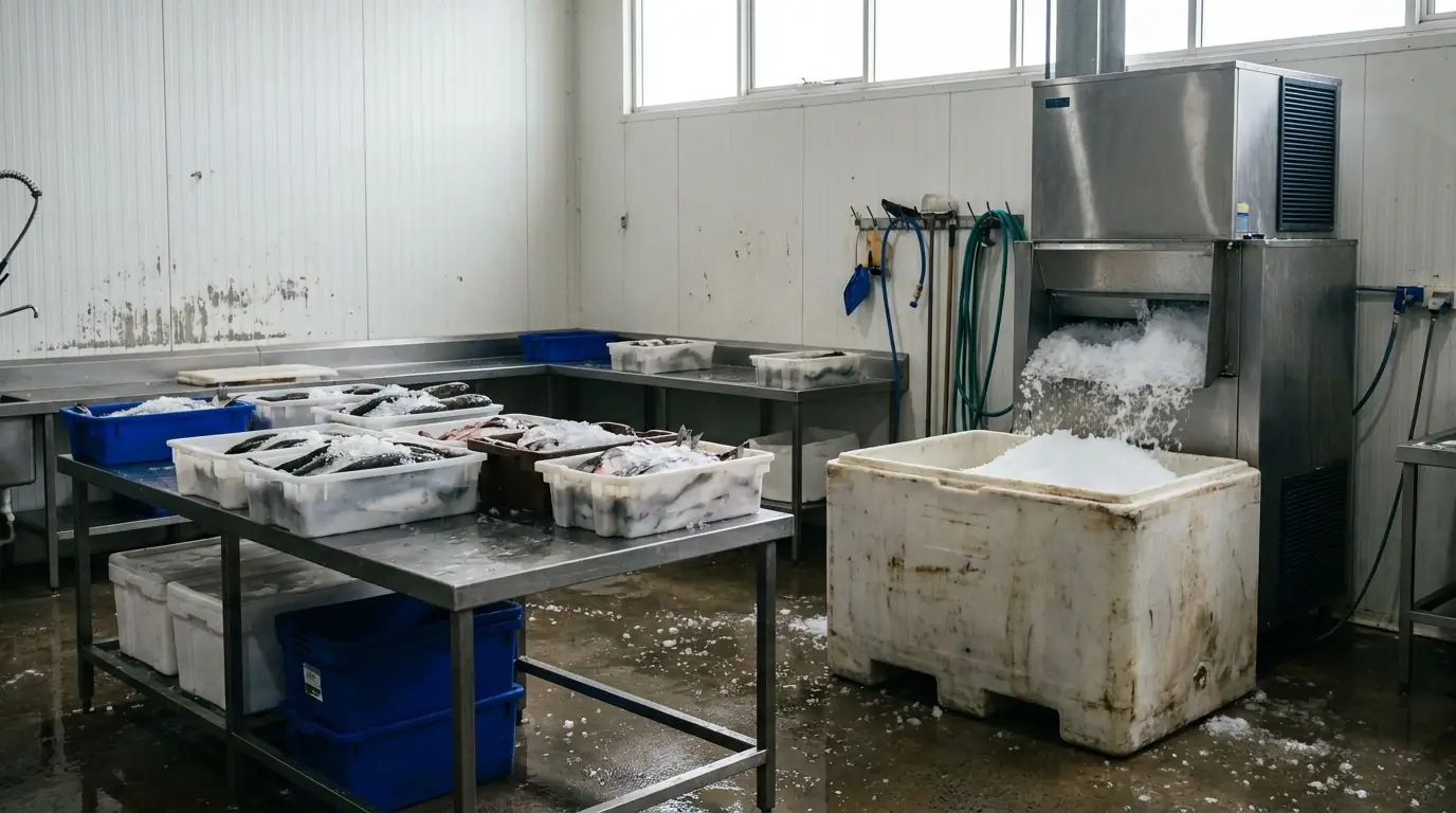 A flake ice machine filling a large bin beside tubs of fish on ice