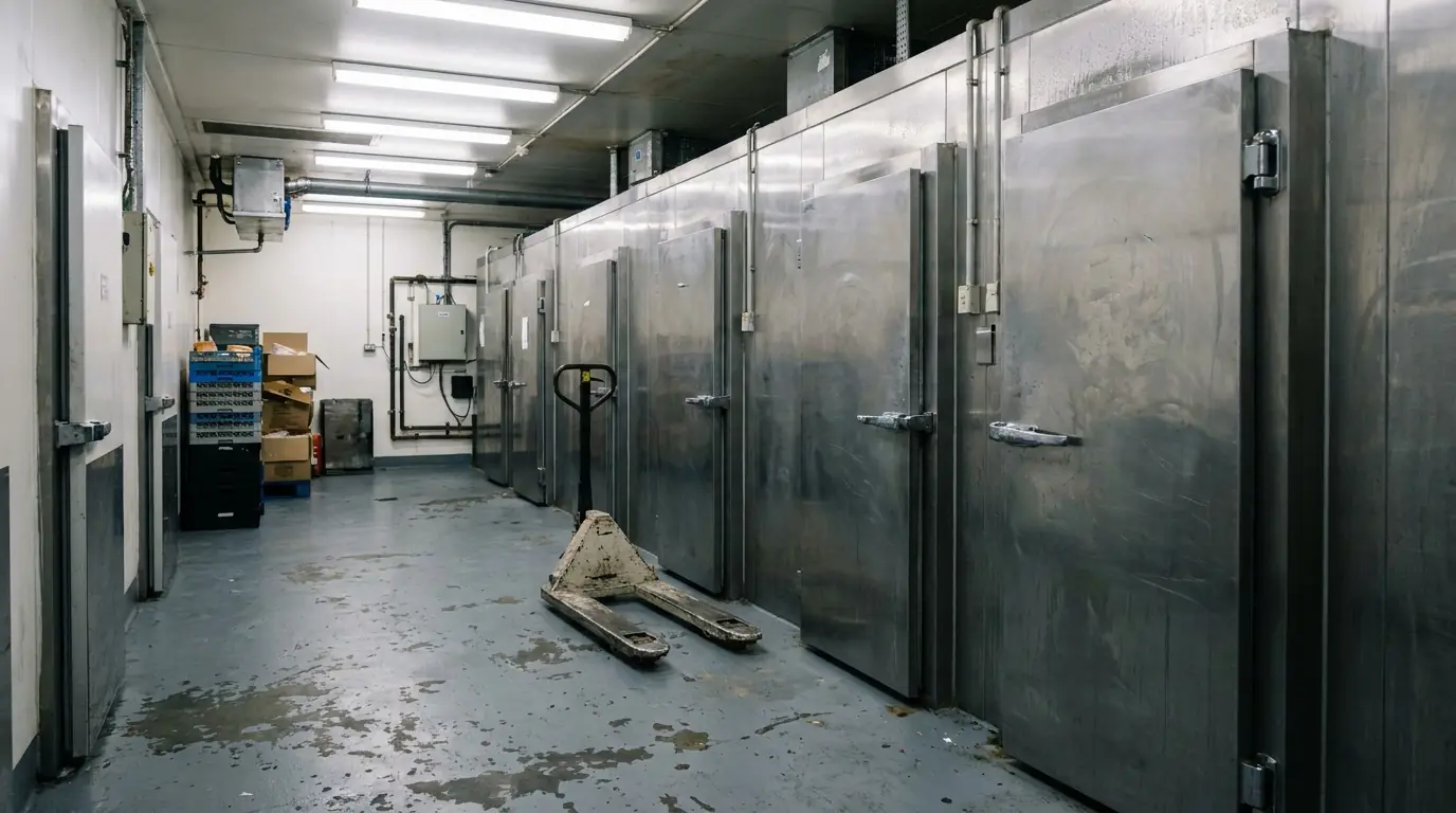 A back of house corridor lined with stainless cool room and freezer room doors