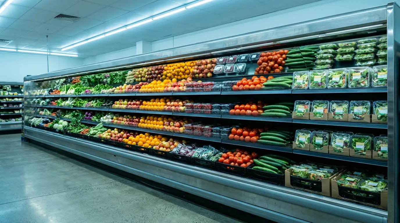 A long bank of open supermarket produce fridges stocked with fruit and vegetables