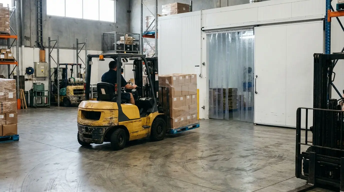 A forklift carrying a pallet of cartons toward a warehouse cool room door with a strip curtain