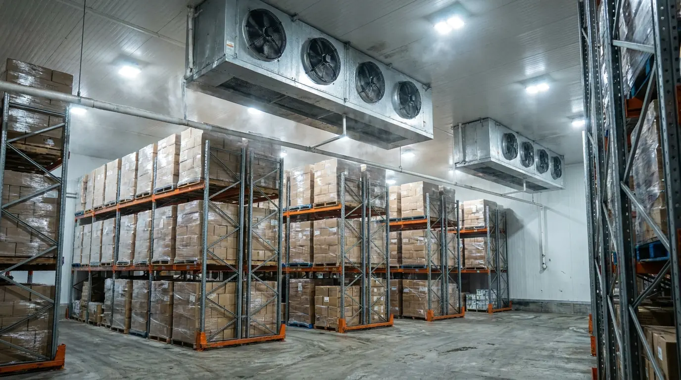 A large cold store with pallet racking and ceiling mounted evaporators
