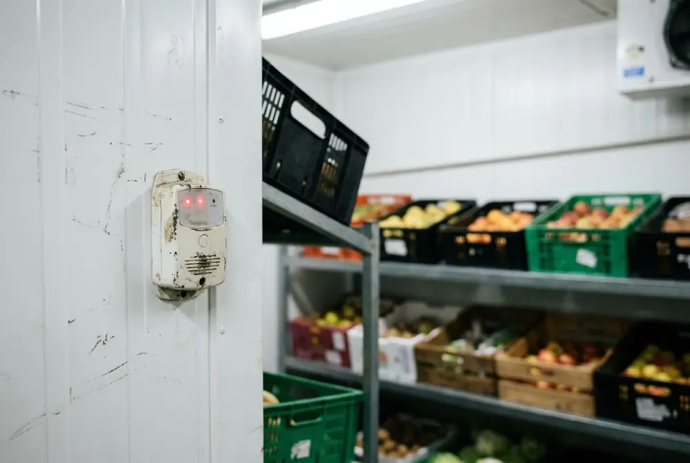 Wireless temperature sensor mounted on a cool room wall beside produce shelves