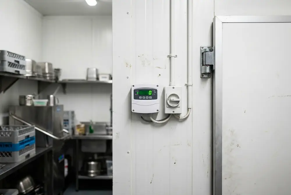 Digital controller and isolator switch on the wall beside a new cool room door