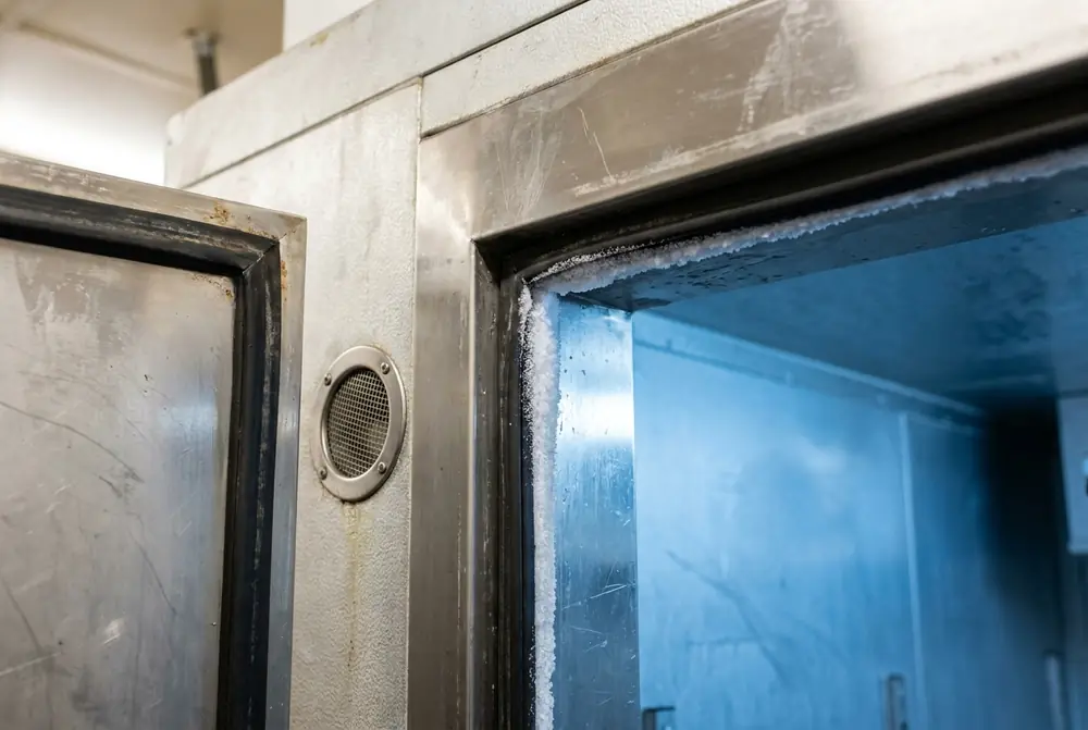 Freezer room door frame with a thick gasket, light frost and a pressure relief port