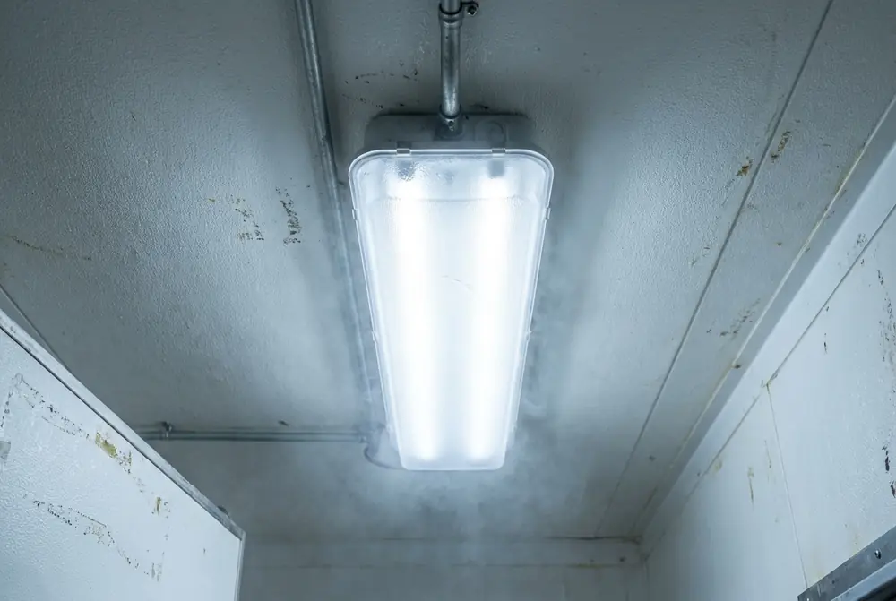 Sealed light fitting on the panel ceiling of a walk-in cool room