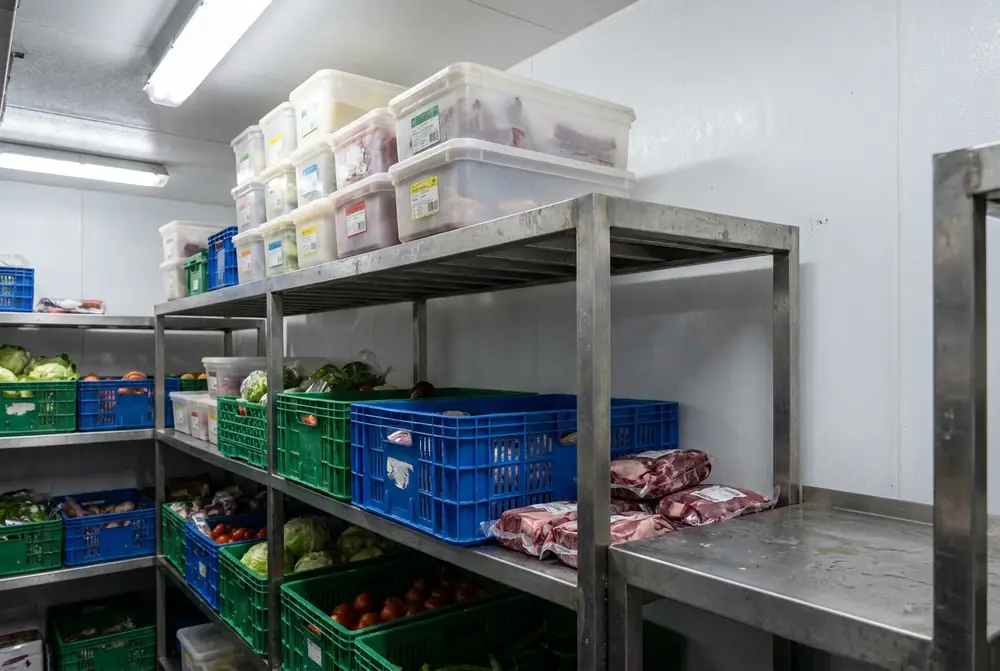 Stainless cool room shelving loaded with tubs, produce crates and meat