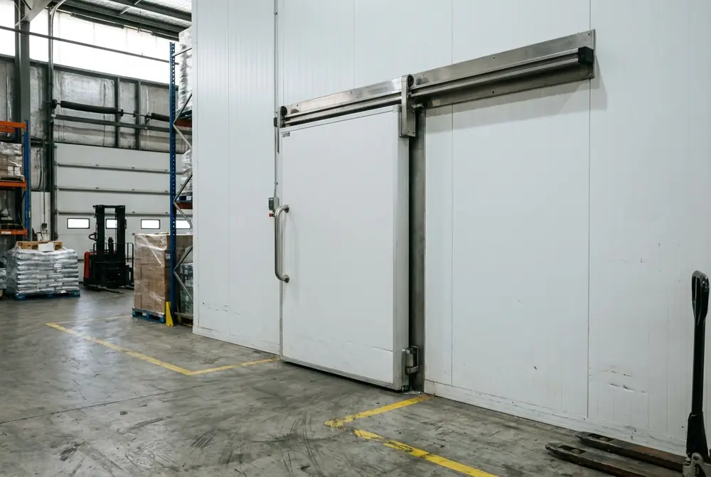 Insulated sliding door on a large walk-in cool room in a warehouse