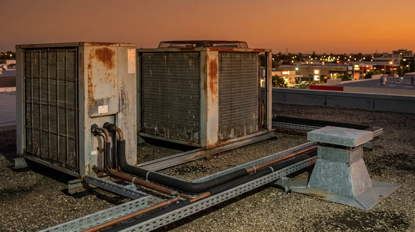 Two condensing units on a flat commercial roof at dusk with pipework running to a roof penetration