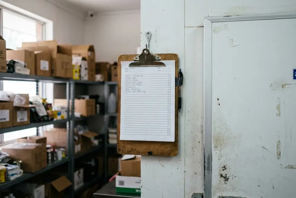 A blank checklist on a clipboard hanging beside a walk-in cool room door