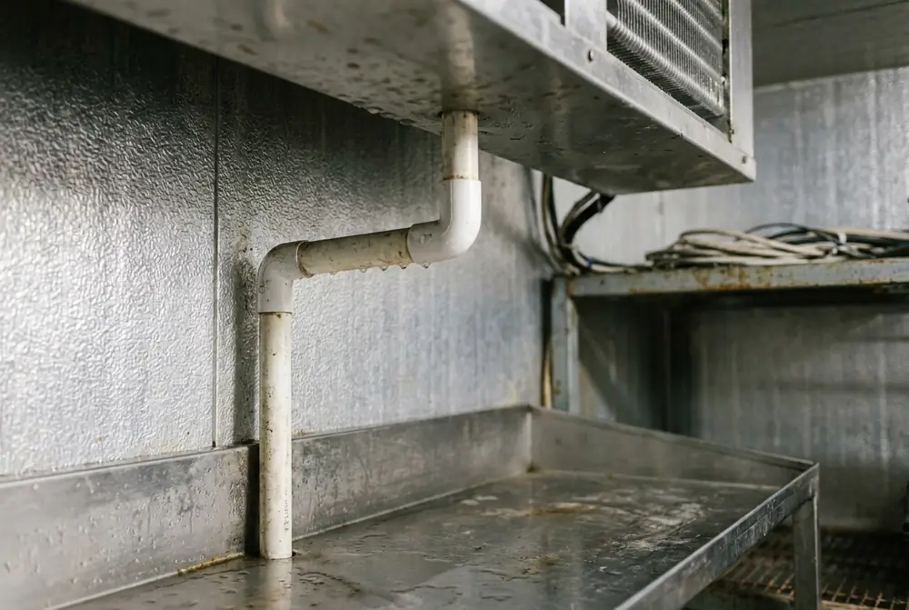 Evaporator drip tray and white drain pipe on the wall of a cool room