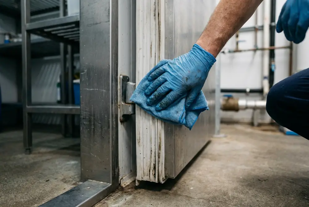 Gloved hand wiping the rubber door gasket of a walk-in cool room with a cloth