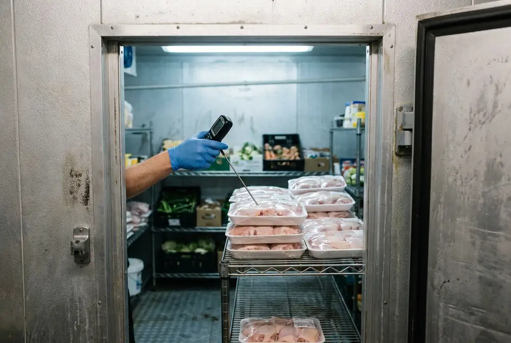 Gloved hand probing a tray of chicken on a shelf just inside a cool room door