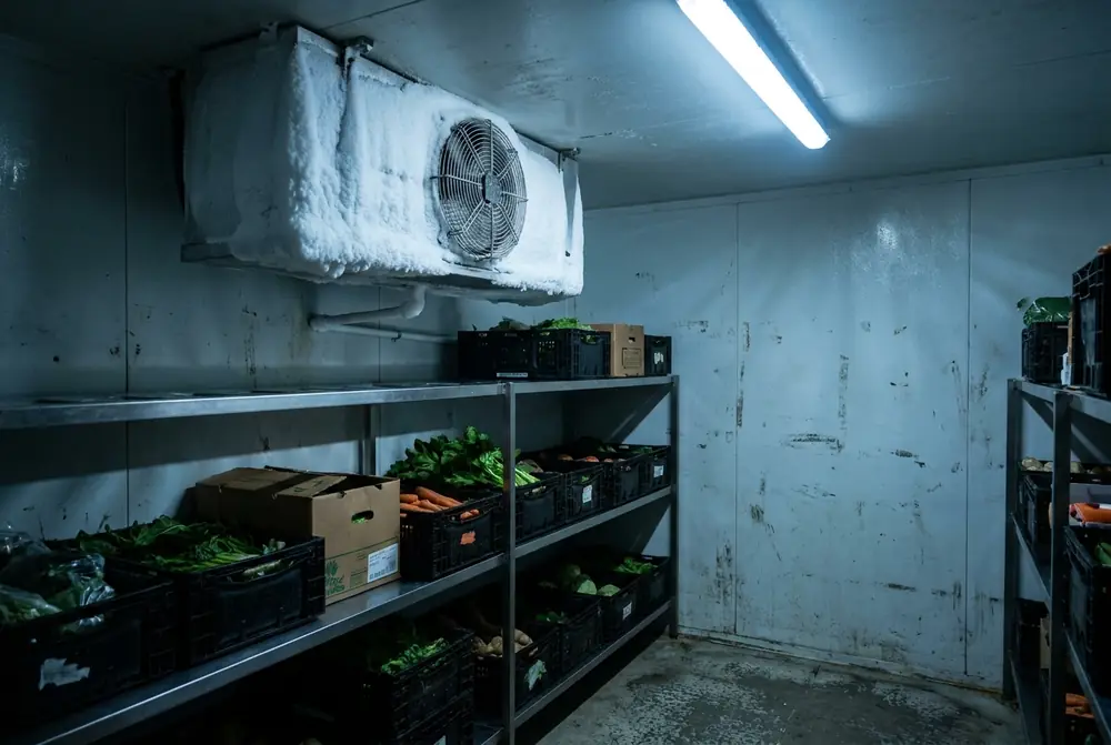Iced-up evaporator coil and fans inside a walk-in cool room