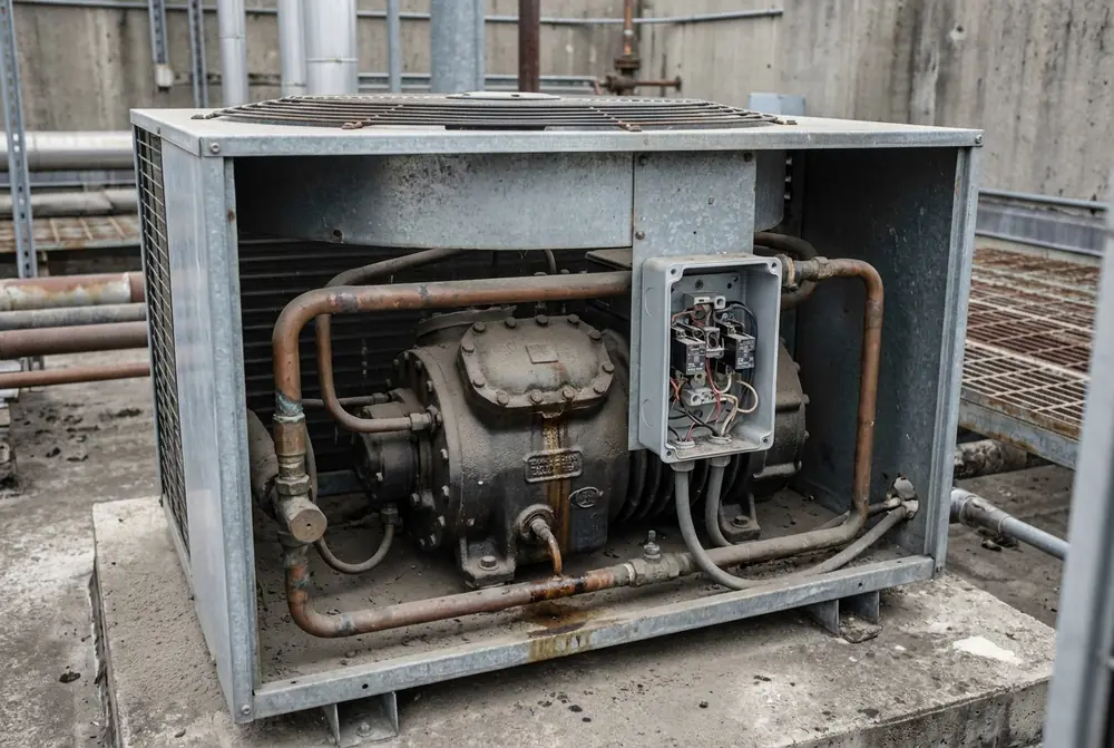 Semi-hermetic compressor inside an open condensing unit cabinet