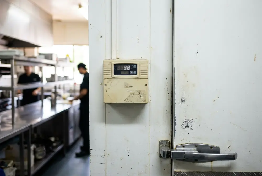 Digital temperature controller on the wall beside a cool room door