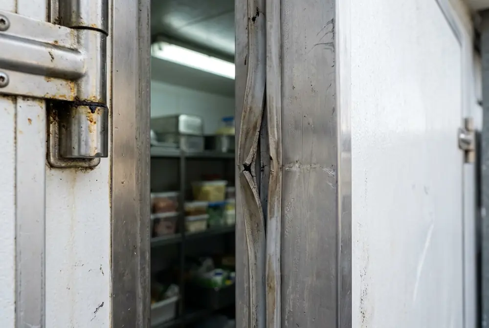 Torn rubber gasket on the edge of a walk-in cool room door