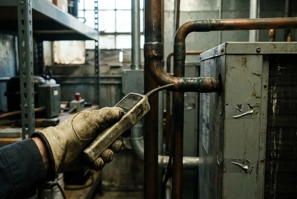 Gloved hand holding an electronic leak detector at a copper refrigeration joint