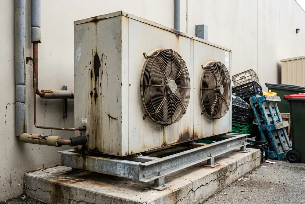 Weathered condensing unit with corroded fan guards on a concrete pad behind a supermarket
