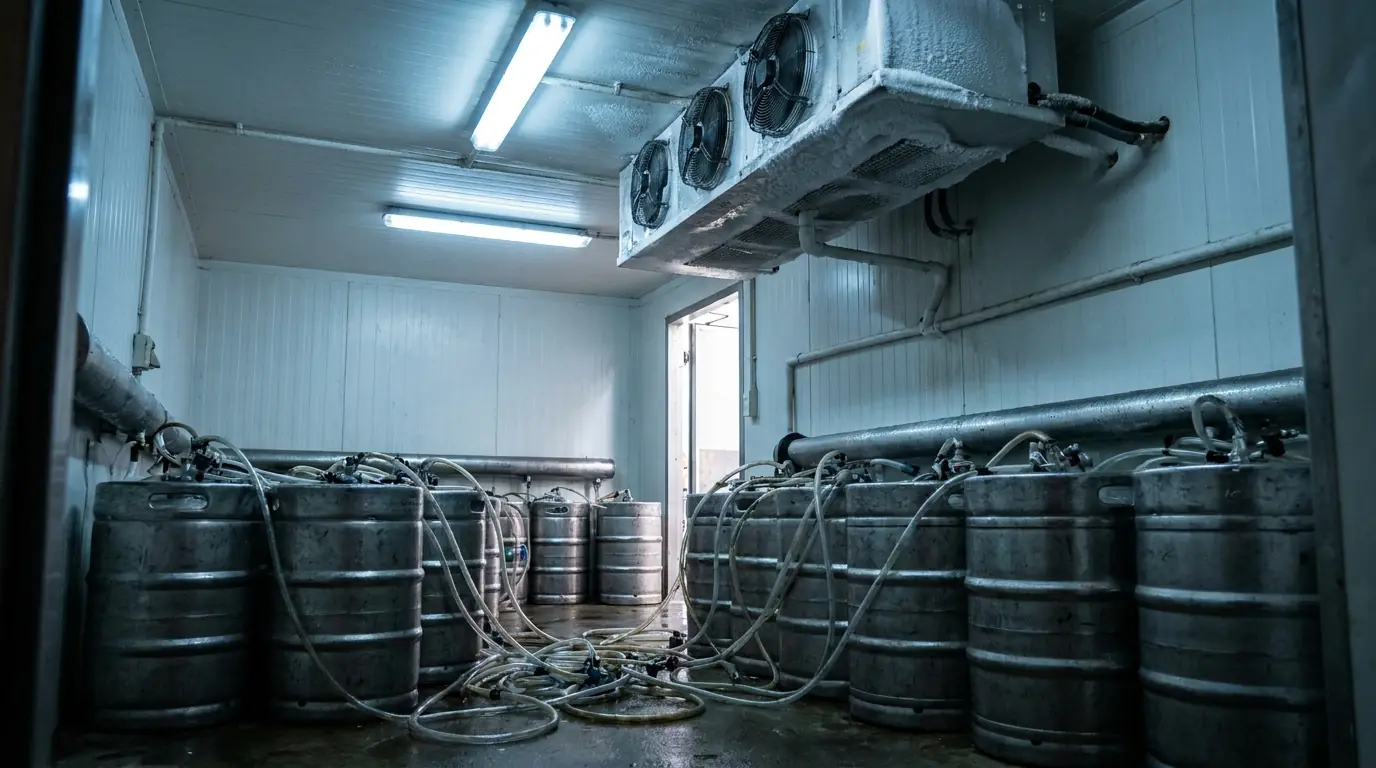 Walk-in keg room with rows of beer kegs under a frosted ceiling evaporator