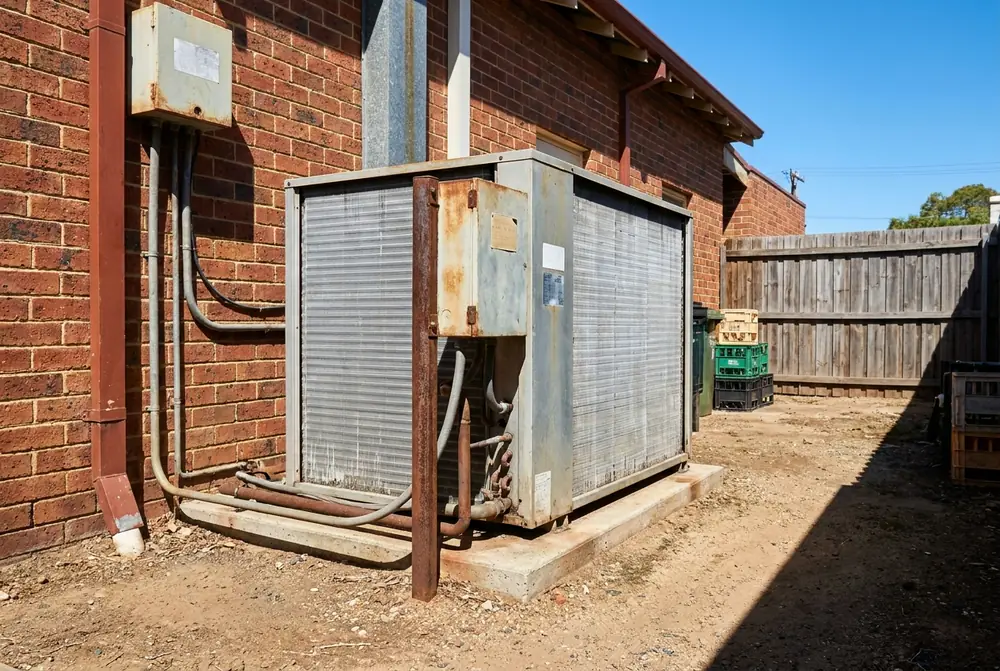 Condensing unit on a concrete pad with clear space around it