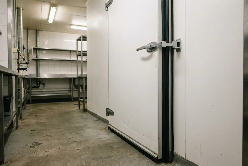 Closed walk-in cool room door with its seal sitting flush against the frame