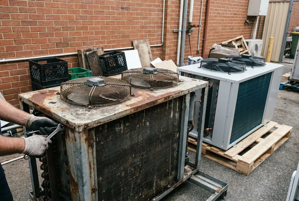 Gloved hands unbolting a rusty condensing unit with a new unit waiting on a pallet