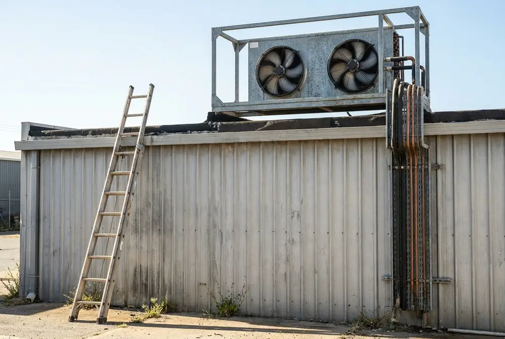 Ladder against an industrial unit with a condensing unit on a frame on the roof