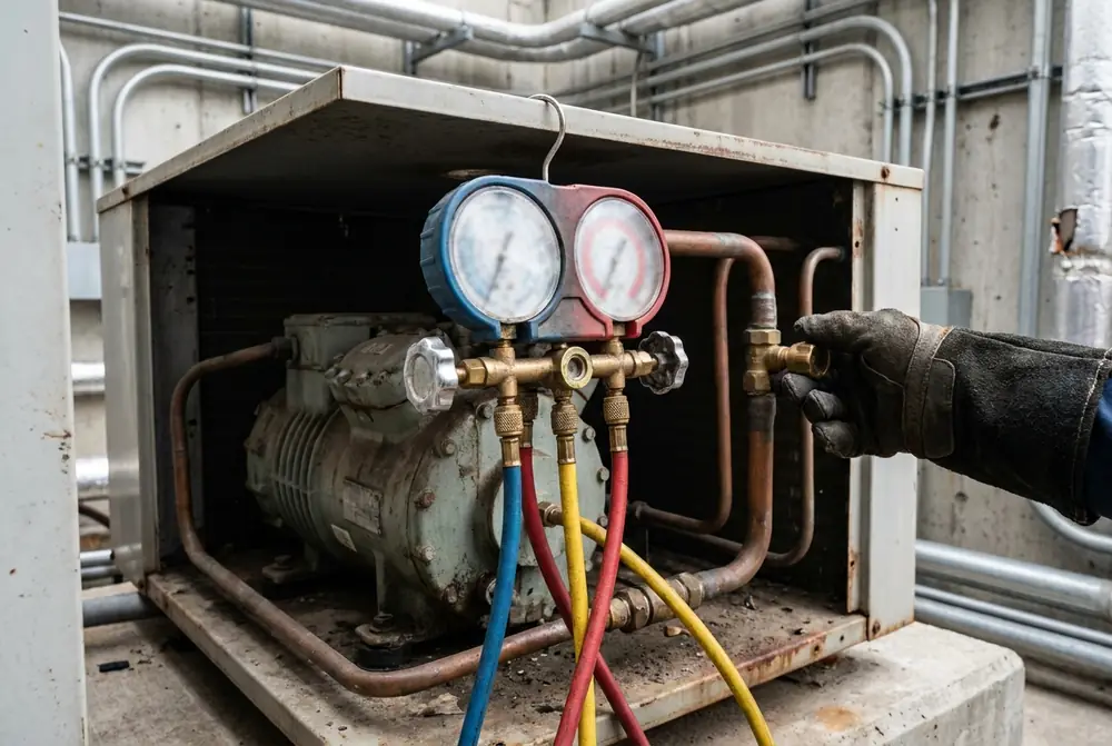 Manifold gauges connected to the service valves of a condensing unit