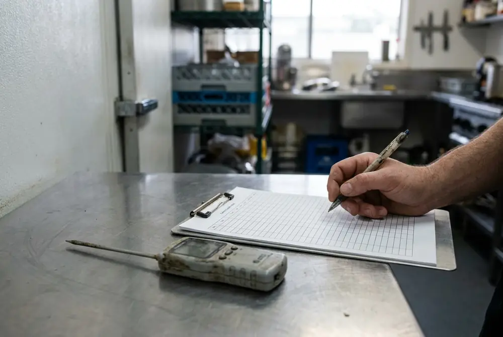 Hand writing on a temperature log sheet beside a probe thermometer