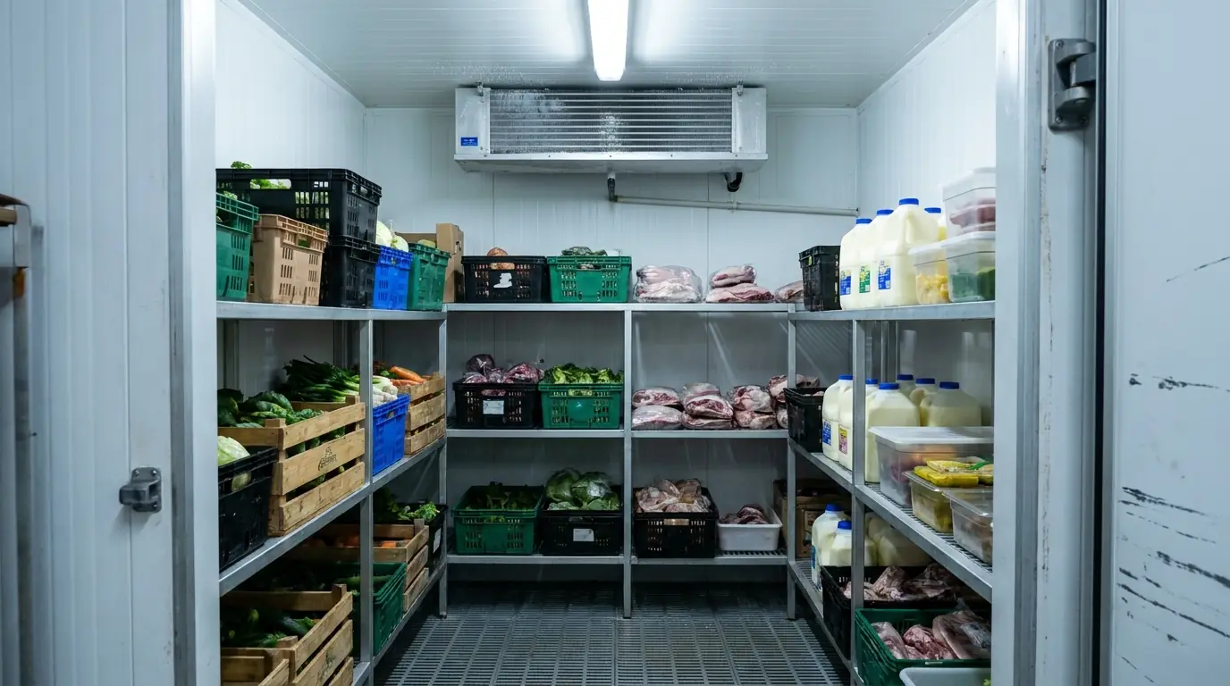 Fully stocked restaurant cool room with produce, meat and dairy on every shelf