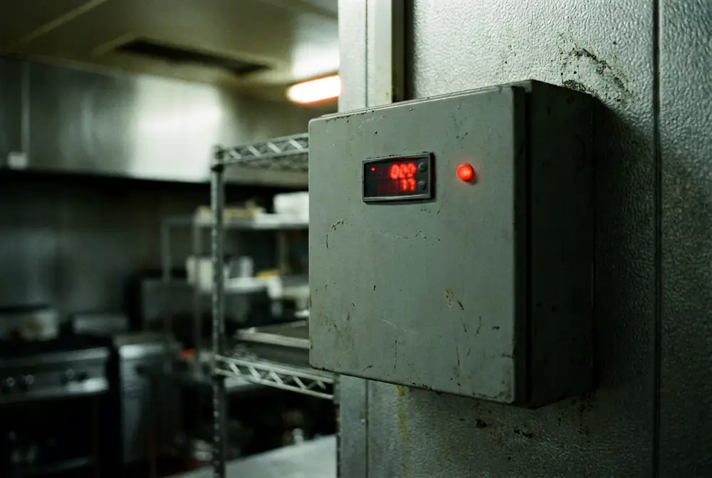 Cool room temperature controller glowing red in alarm on a dark kitchen wall