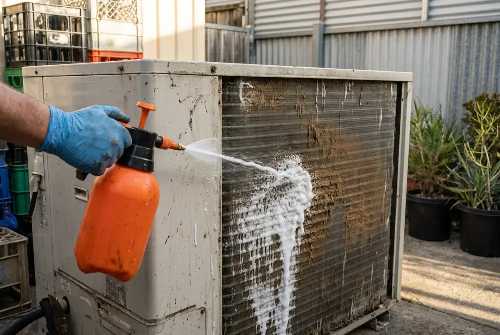 Gloved hand spraying foaming cleaner onto a dusty condenser coil